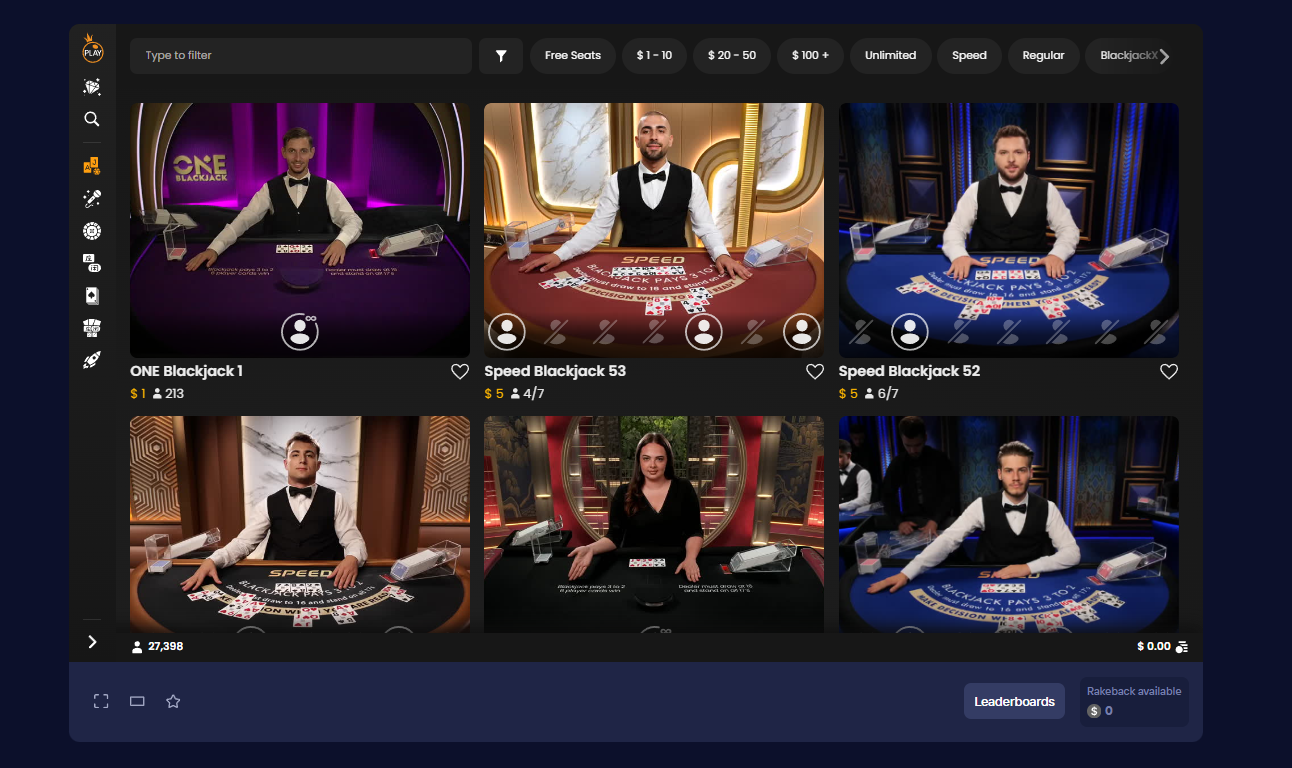 Duel Live Casino lobby z blackjackiem